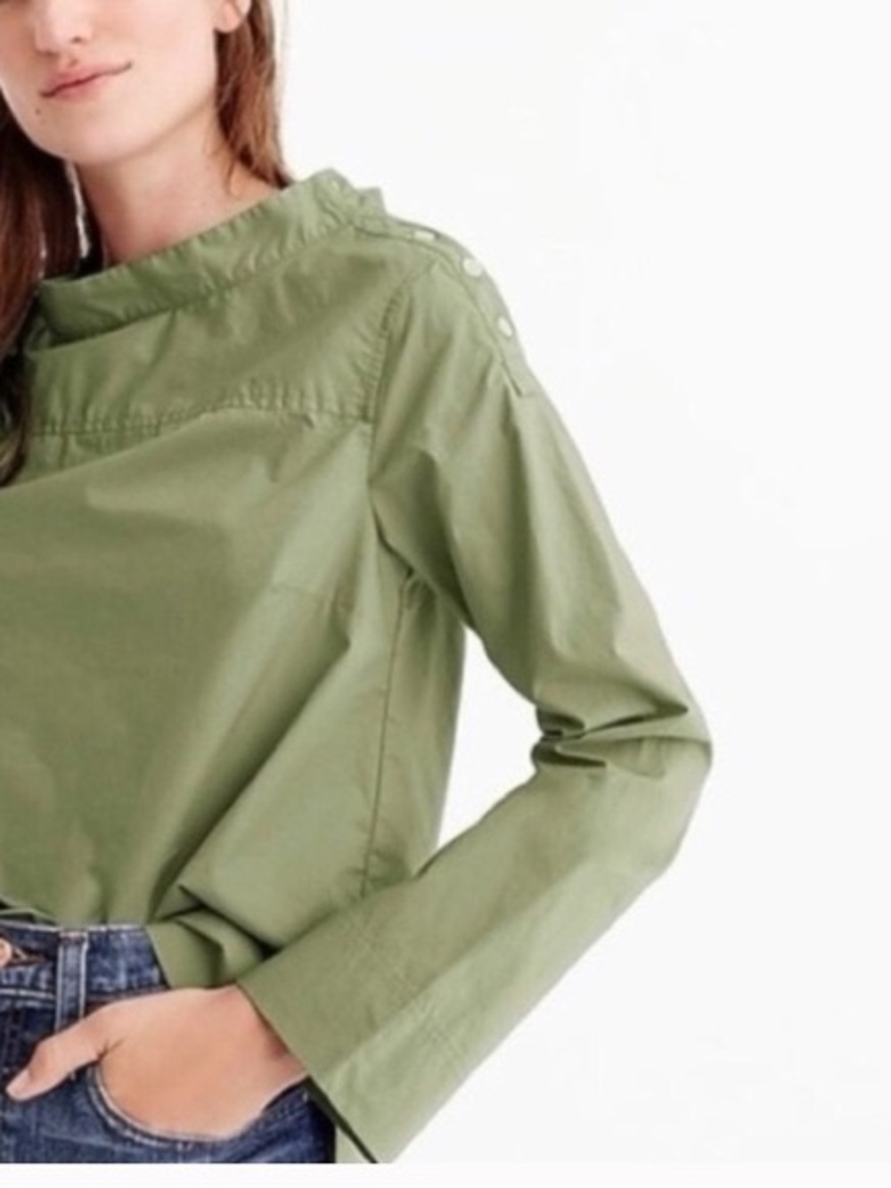 NWT J. Crew Factory Green Funnelneck Cotton Poplin Button Shoulder Top Luxury 6